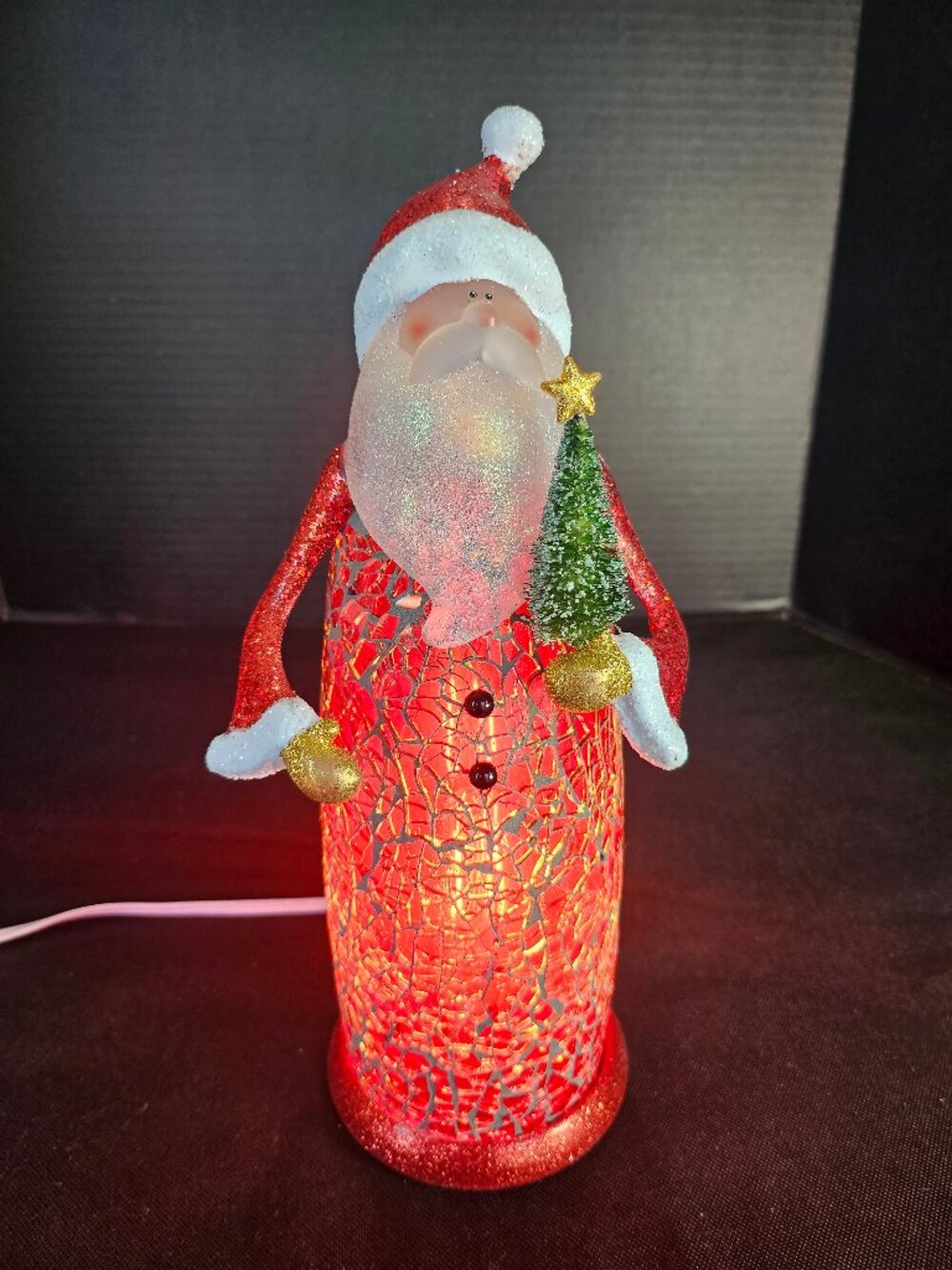 Seasons of Cannon Falls Light Up Mosaic Crackle Glass Santa Figurine